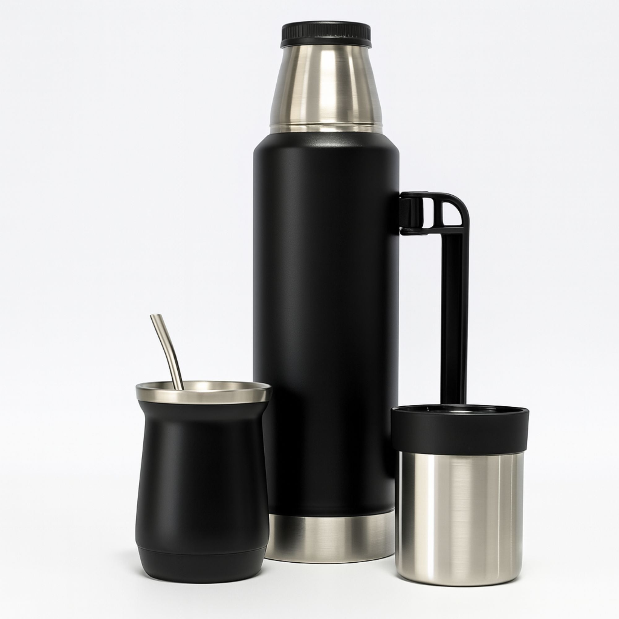 Termo De Acero Inoxidable 1.3 Litros + Mate 236ml Con Bombilla Color Negro