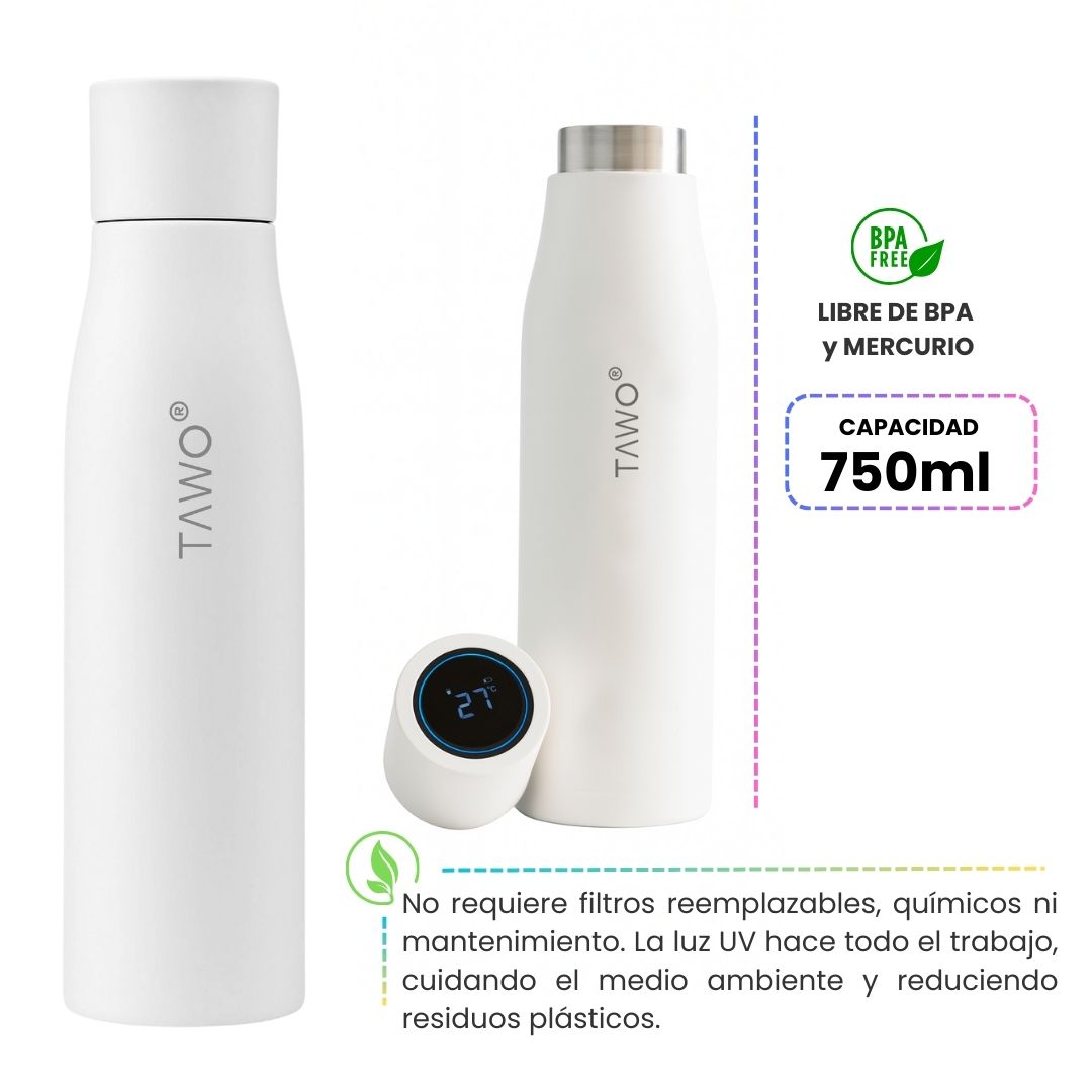 Botella de Agua Autolimpiante UV Tawo 750 ml Blanca – con Purificador Inteligente y Recordatorio de Hidratación