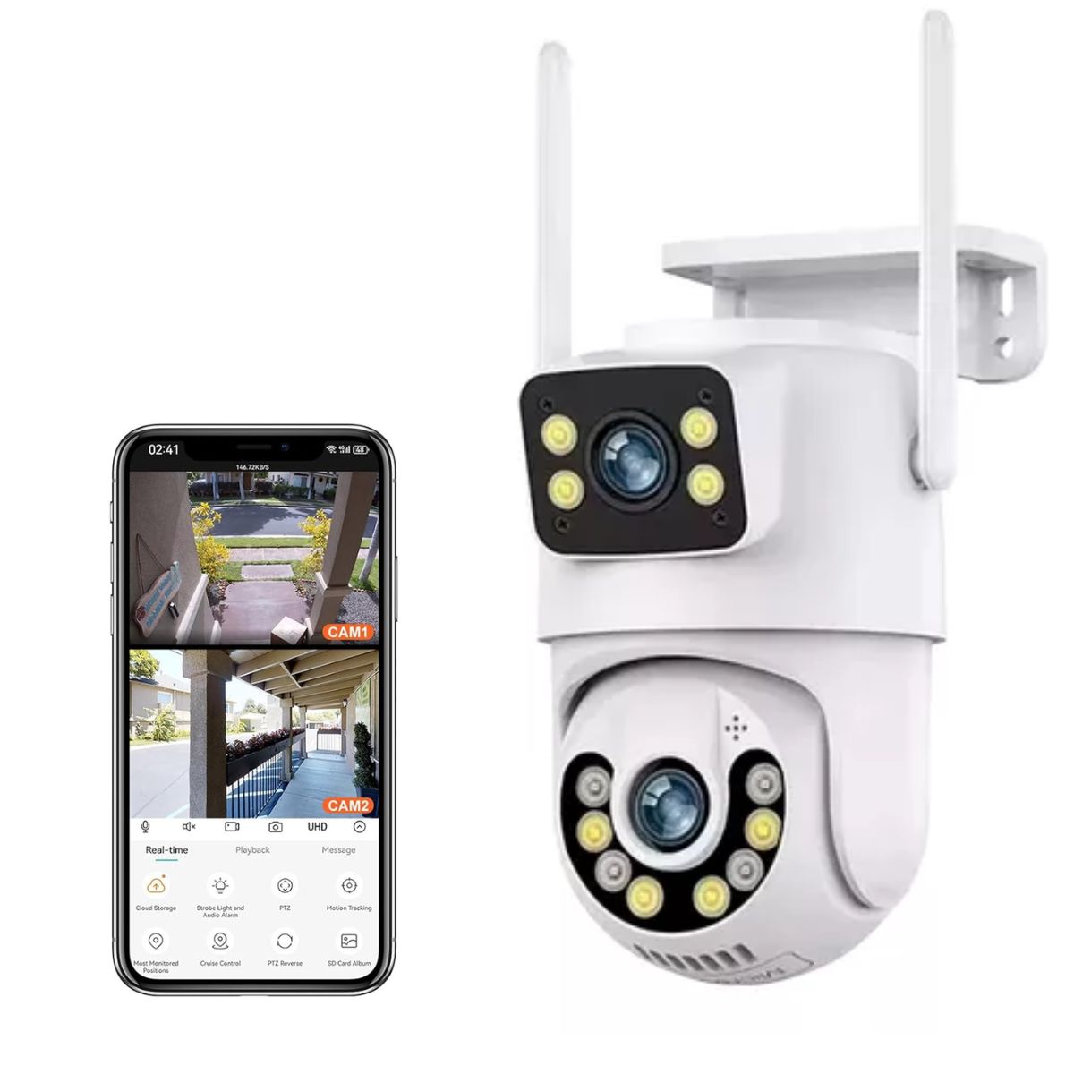 Cámara de Seguridad Exterior JORTAN 4MP con Doble Lente y Visión Nocturna