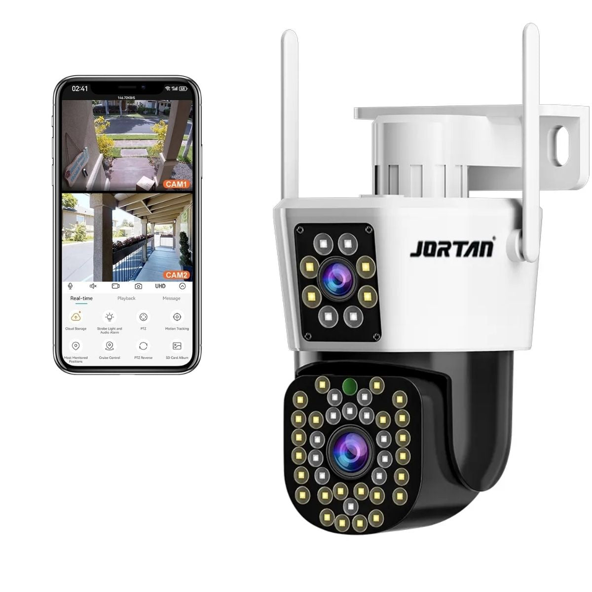 Cámara de Seguridad Exterior JORTAN JT-8293 4MP con Doble Lente y Visión Nocturna