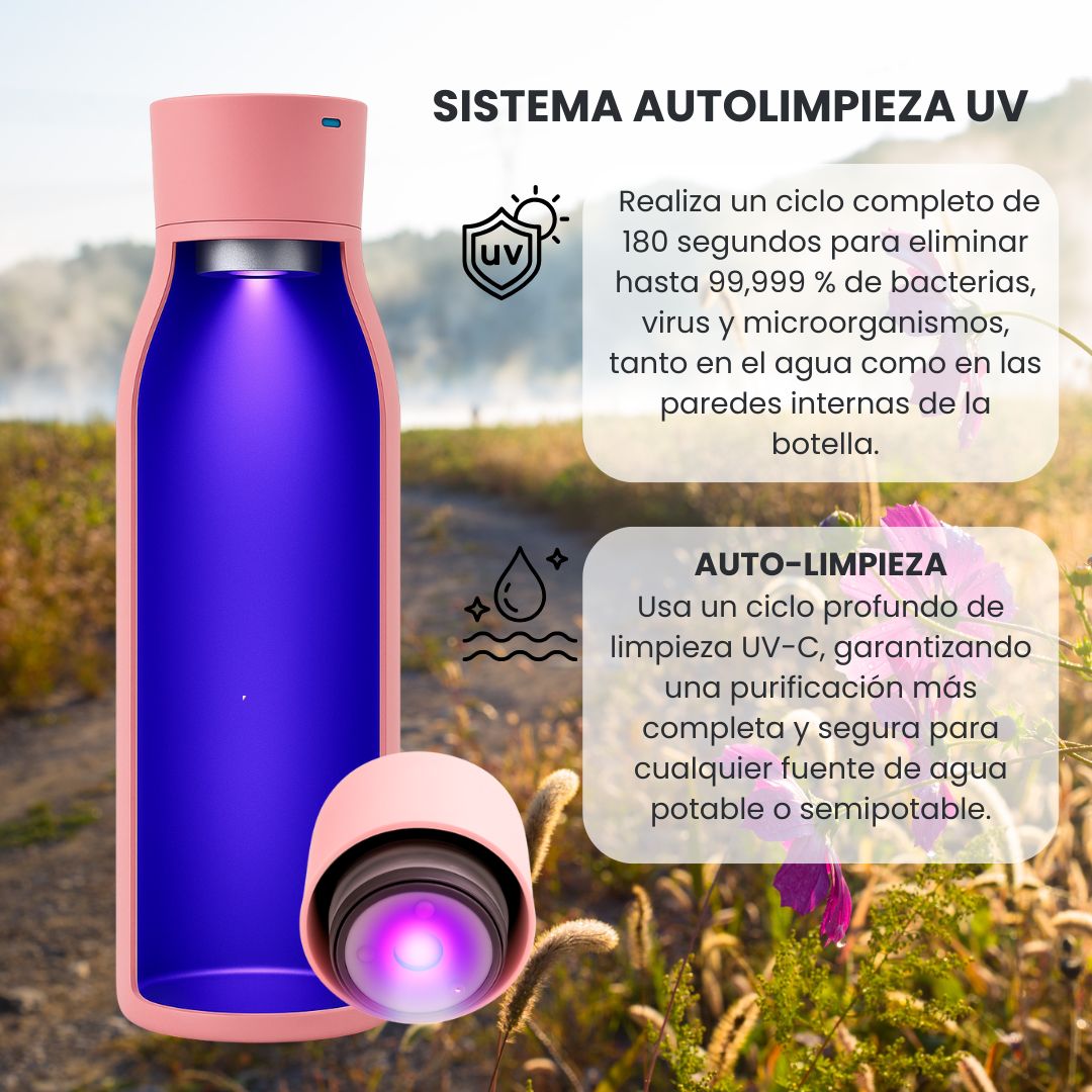 Botella de Agua Autolimpiante UV Tawo 750 ml Rosado – con Purificador Inteligente y Recordatorio de Hidratación