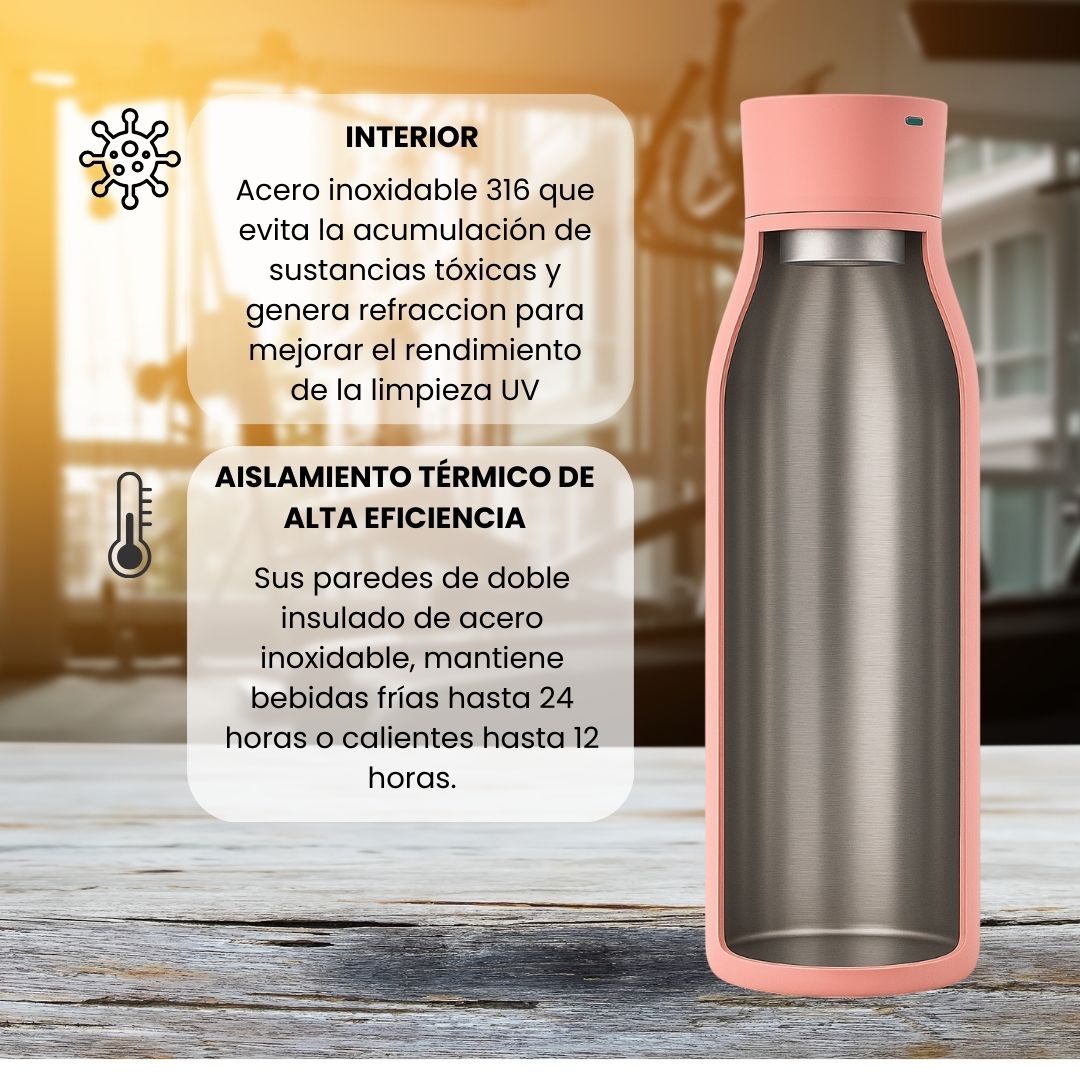 Botella de Agua Autolimpiante UV Tawo 750 ml Rosado – con Purificador Inteligente y Recordatorio de Hidratación