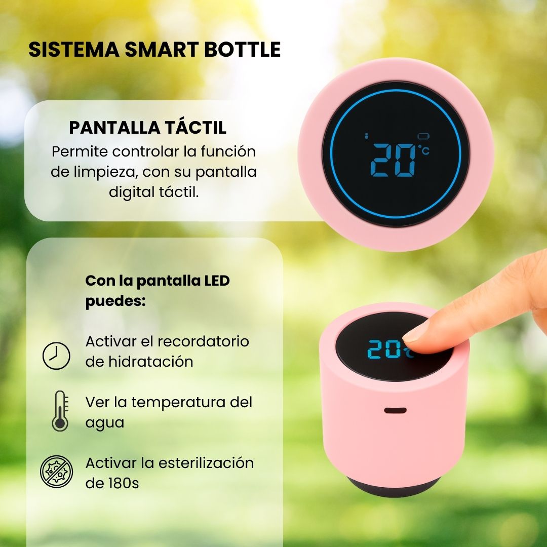 Botella de Agua Autolimpiante UV Tawo 750 ml Rosado – con Purificador Inteligente y Recordatorio de Hidratación