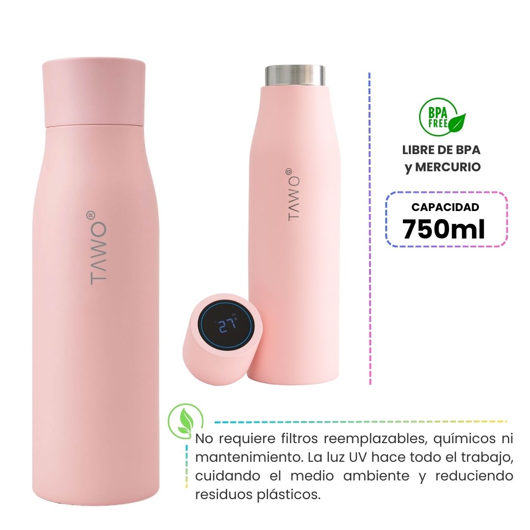Botella de Agua Autolimpiante UV Tawo 750 ml Rosado – con Purificador Inteligente y Recordatorio de Hidratación