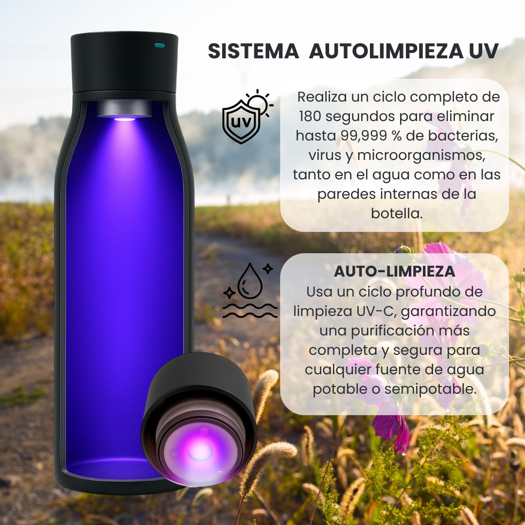 Botella de Agua Inteligente UV Tawo 750 ml Autolimpiante Negra con Recordatorio de Hidratación– Elimina el 99.9% de virus y bacterias