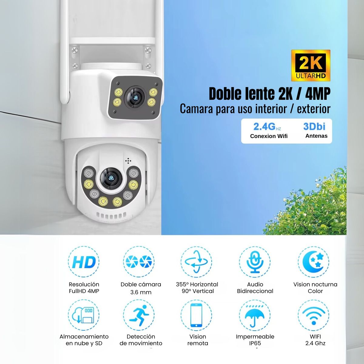 Cámara de Seguridad Exterior JORTAN 4MP con Doble Lente y Visión Nocturna