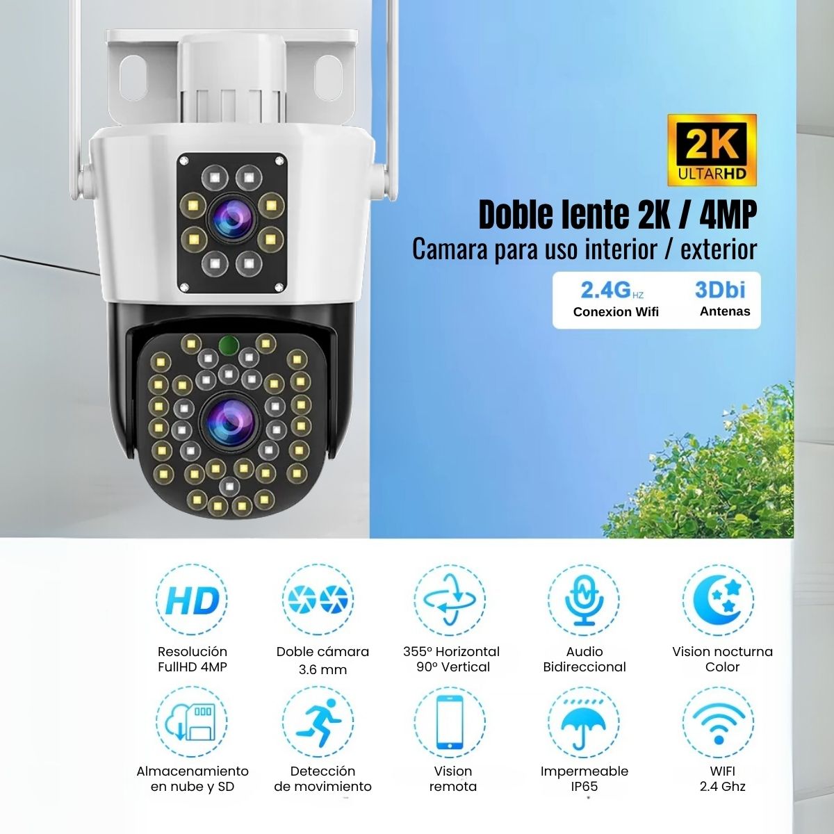 Cámara de Seguridad Exterior JORTAN JT-8293 4MP con Doble Lente y Visión Nocturna