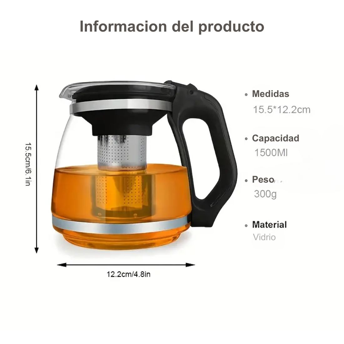 Tetera Con Infusor de Te Vidrio 1.5 Litros Con Filtro de Acero Inoxidable