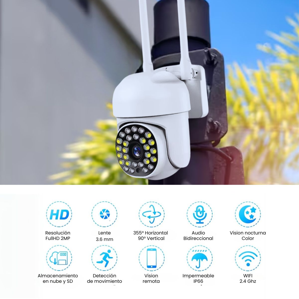 Cámara de Seguridad Exterior JORTAN JT-8161QJ Full HD WiFi con Visión Nocturna y Audio Bidireccional
