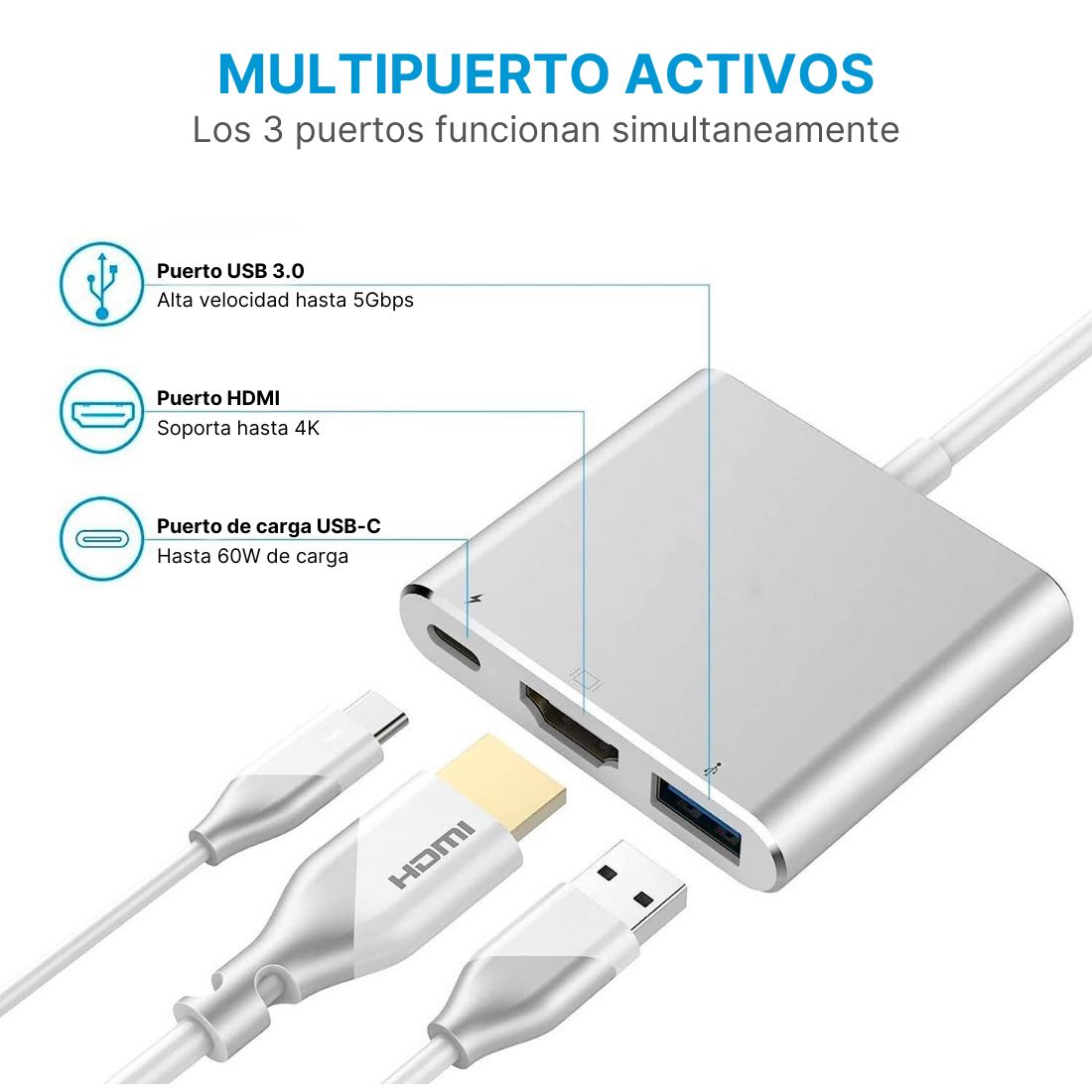 Adaptador Usb C A Hdmi 4k Con Usb Carga Thunderbolt Macbook