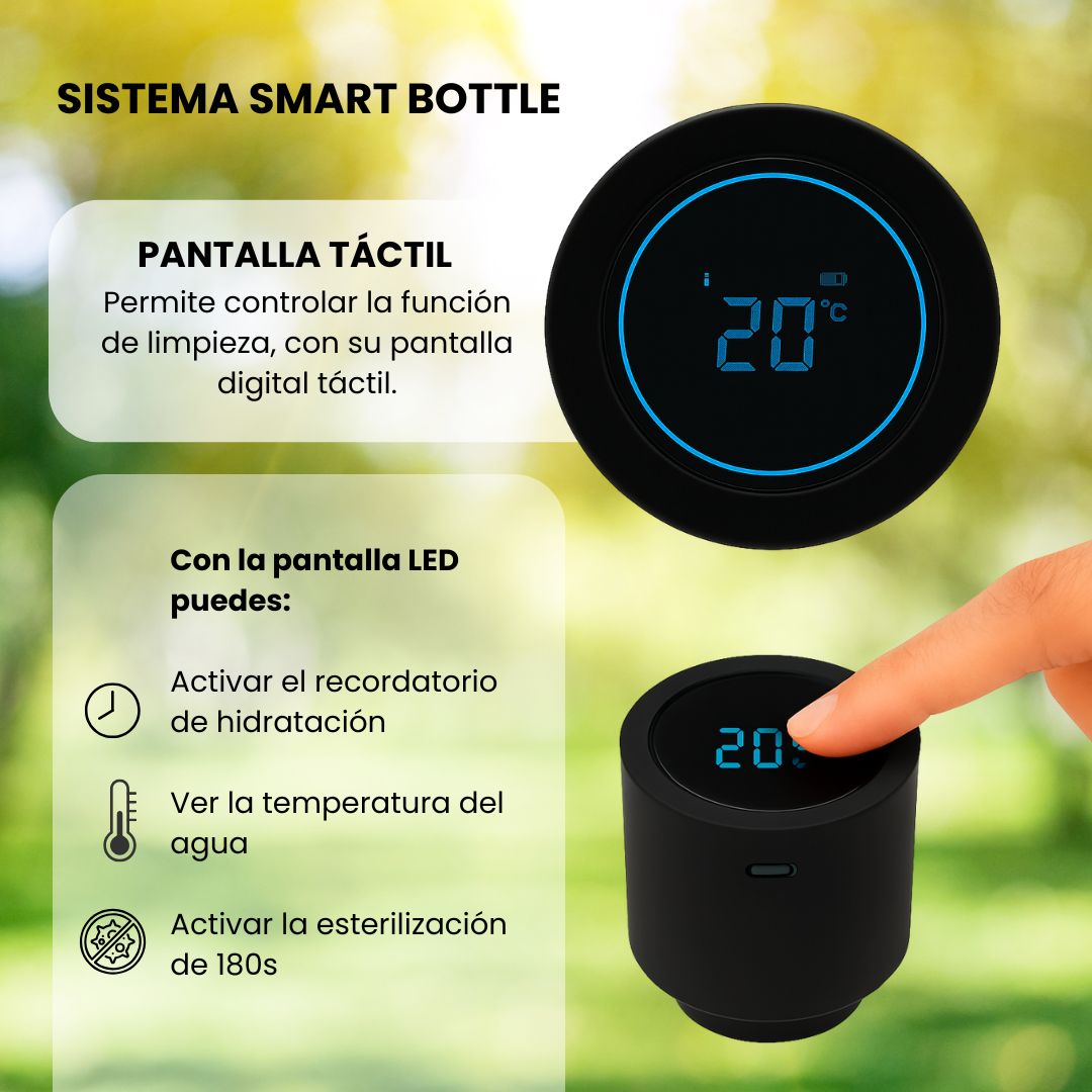 Botella de Agua Inteligente UV Tawo 750 ml Autolimpiante Negra con Recordatorio de Hidratación– Elimina el 99.9% de virus y bacterias