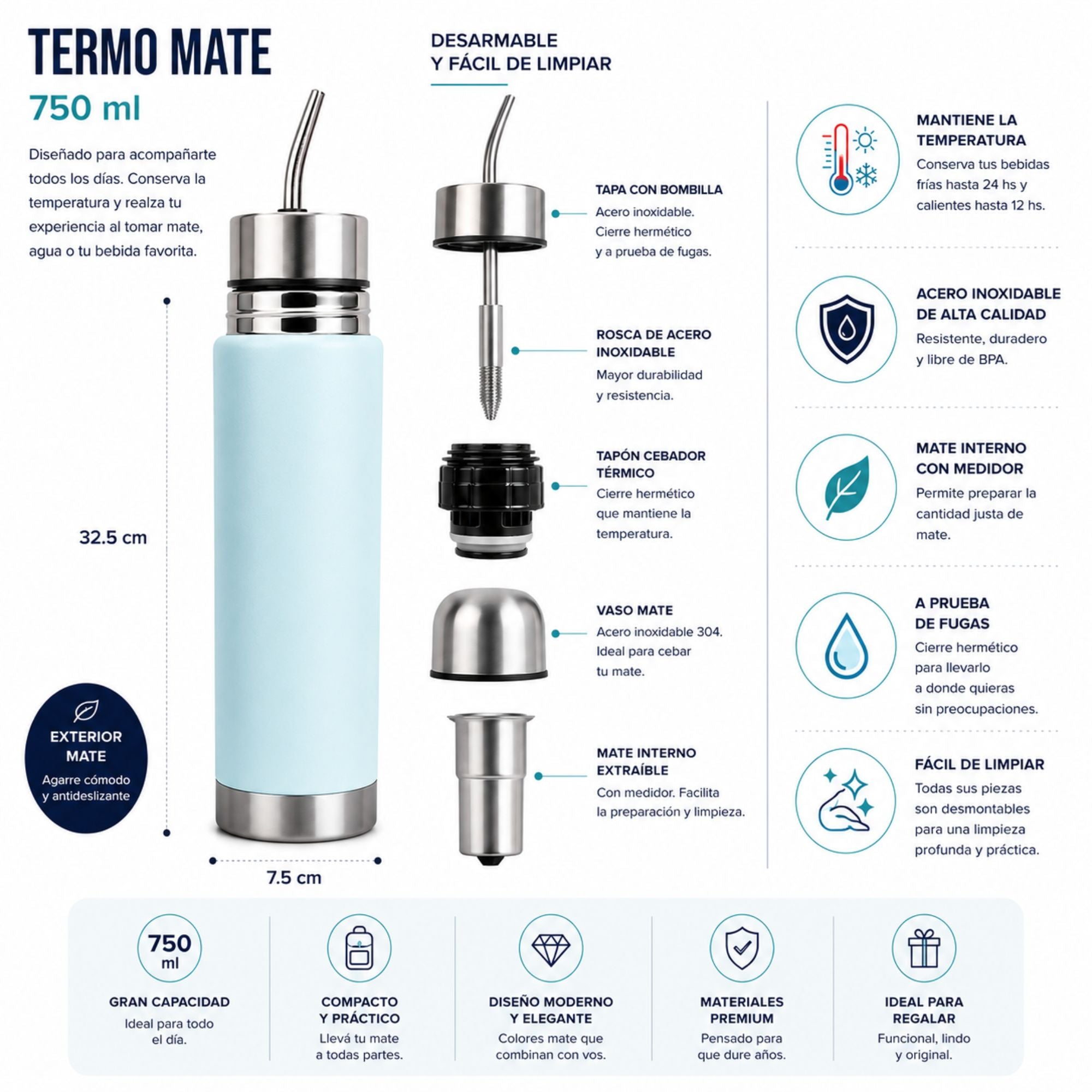 Termo Mate Acero Inoxidable 2 en 1 Botella Termica Tawo 750 Ml Morado