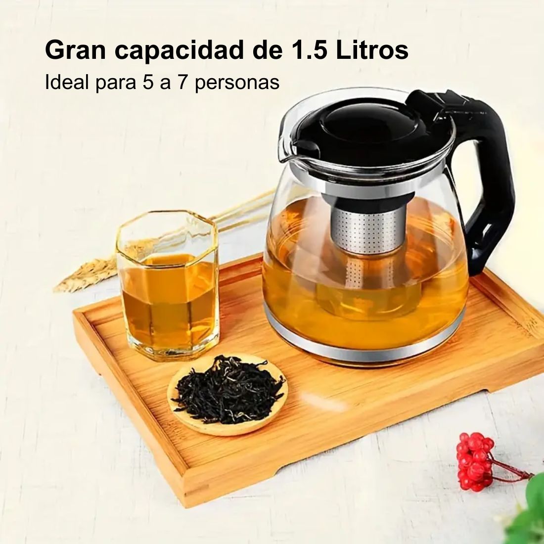 Tetera Con Infusor de Te Vidrio 1.5 Litros Con Filtro de Acero Inoxidable