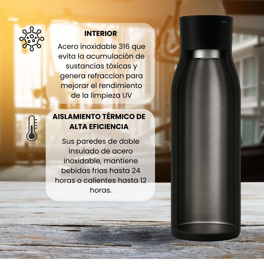 Botella de Agua Inteligente UV Tawo 750 ml Autolimpiante Negra con Recordatorio de Hidratación– Elimina el 99.9% de virus y bacterias