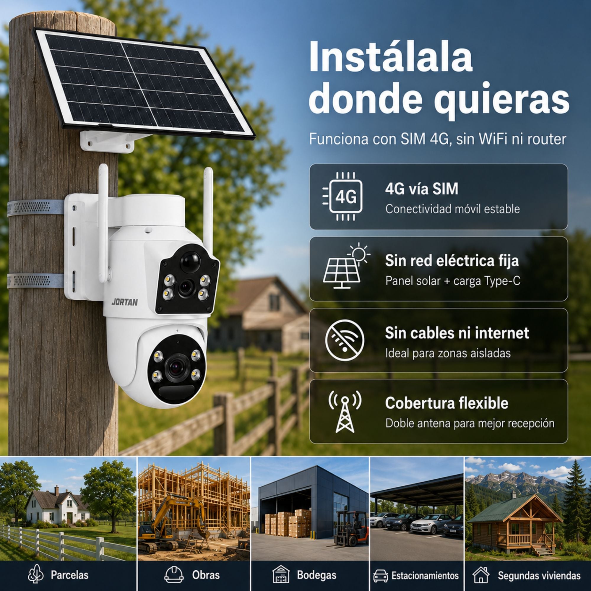 Cámara de Seguridad Exterior Solar 4G Chip SIM Doble Lente Jortan JT-9682