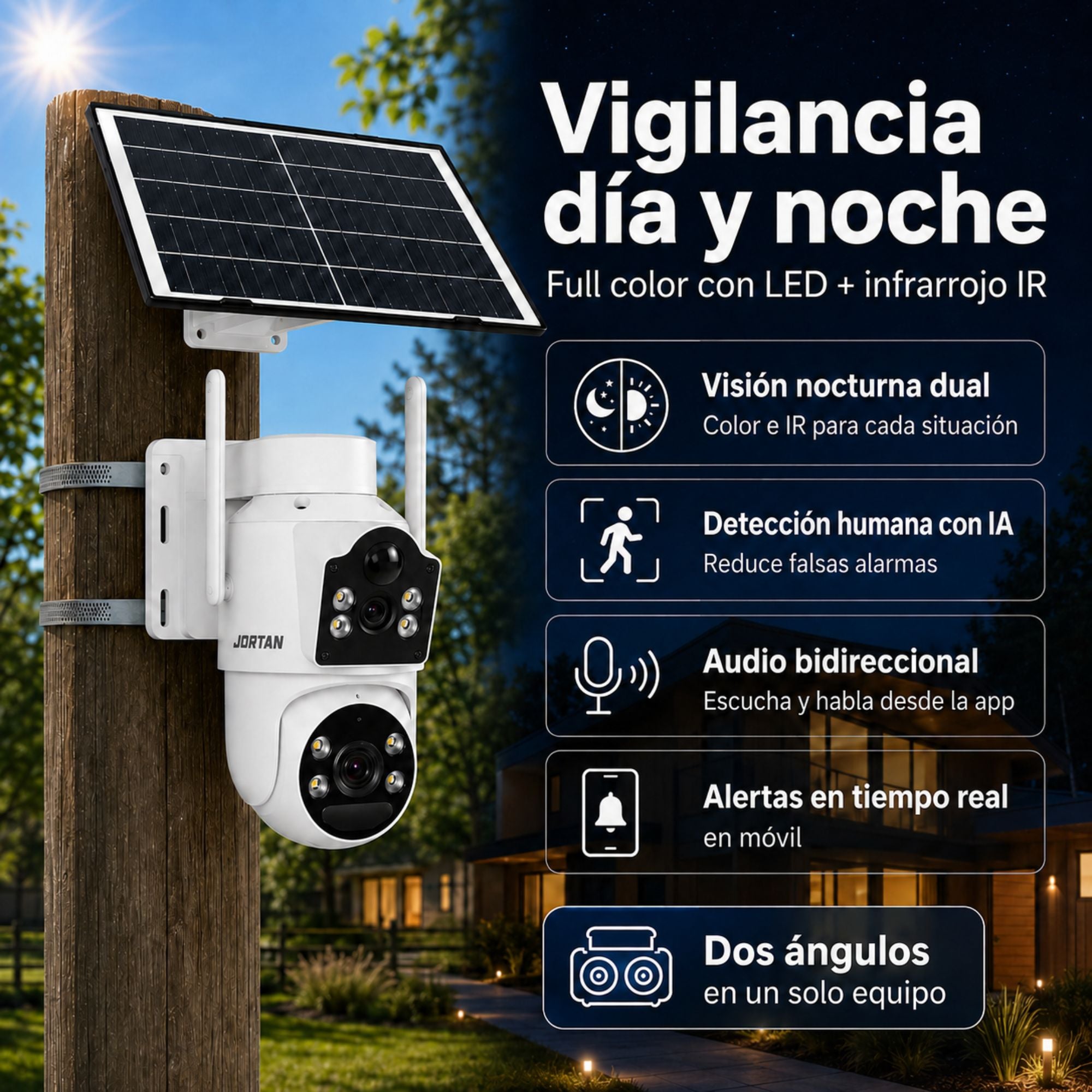 Cámara de Seguridad Exterior Solar 4G Chip SIM Doble Lente Jortan JT-9682