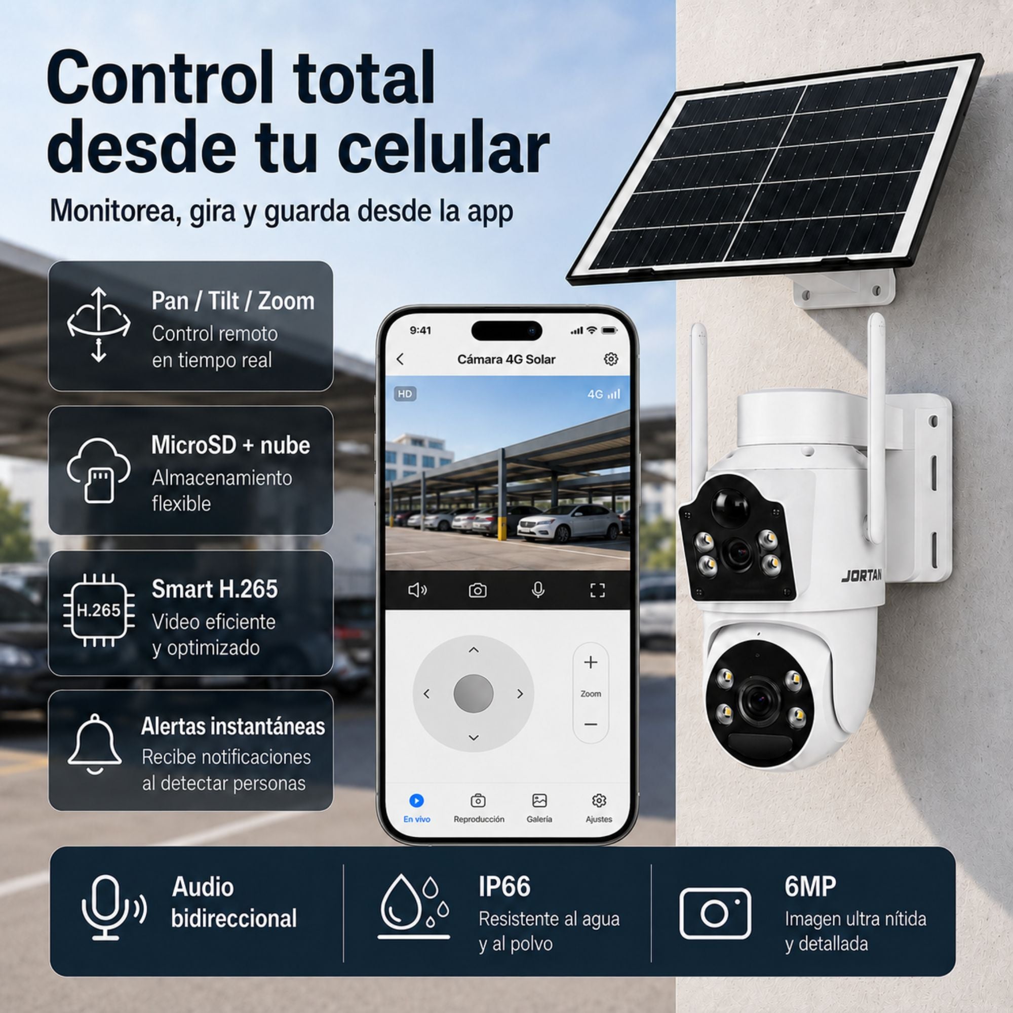 Cámara de Seguridad Exterior Solar 4G Chip SIM Doble Lente Jortan JT-9682