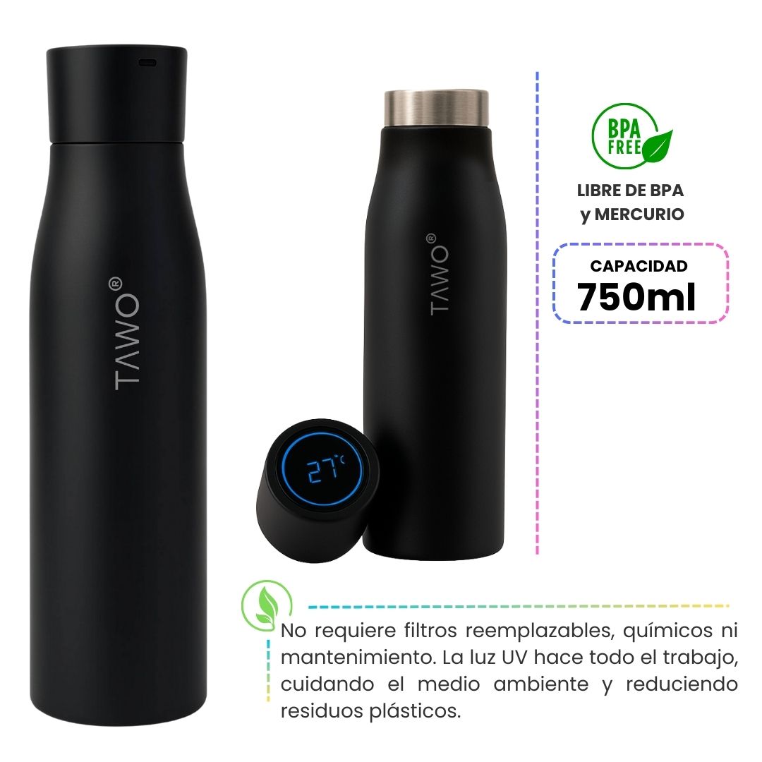 Botella de Agua Inteligente UV Tawo 750 ml Autolimpiante Negra con Recordatorio de Hidratación– Elimina el 99.9% de virus y bacterias