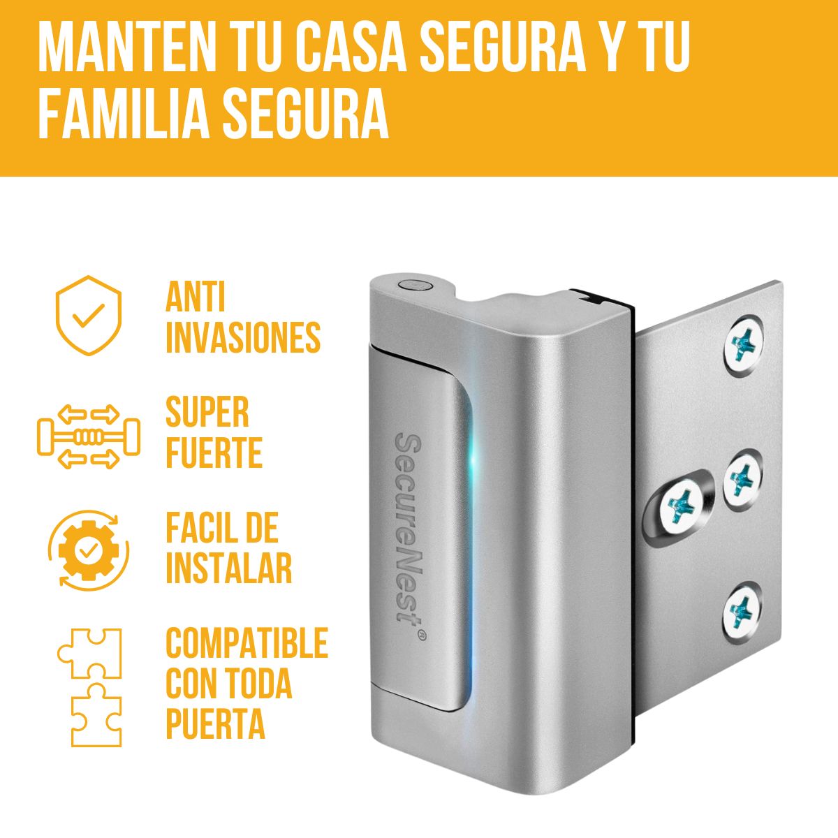 Cerradura de Seguridad Refuerzo para Puerta Picaporte Seguridad Plateado