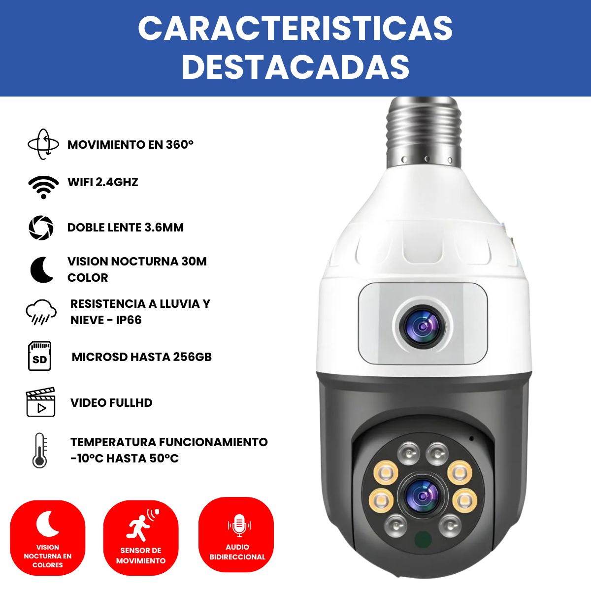 Cámara Ampolleta JORTAN JT-9696 Full HD con Doble Lente y Visión 360°