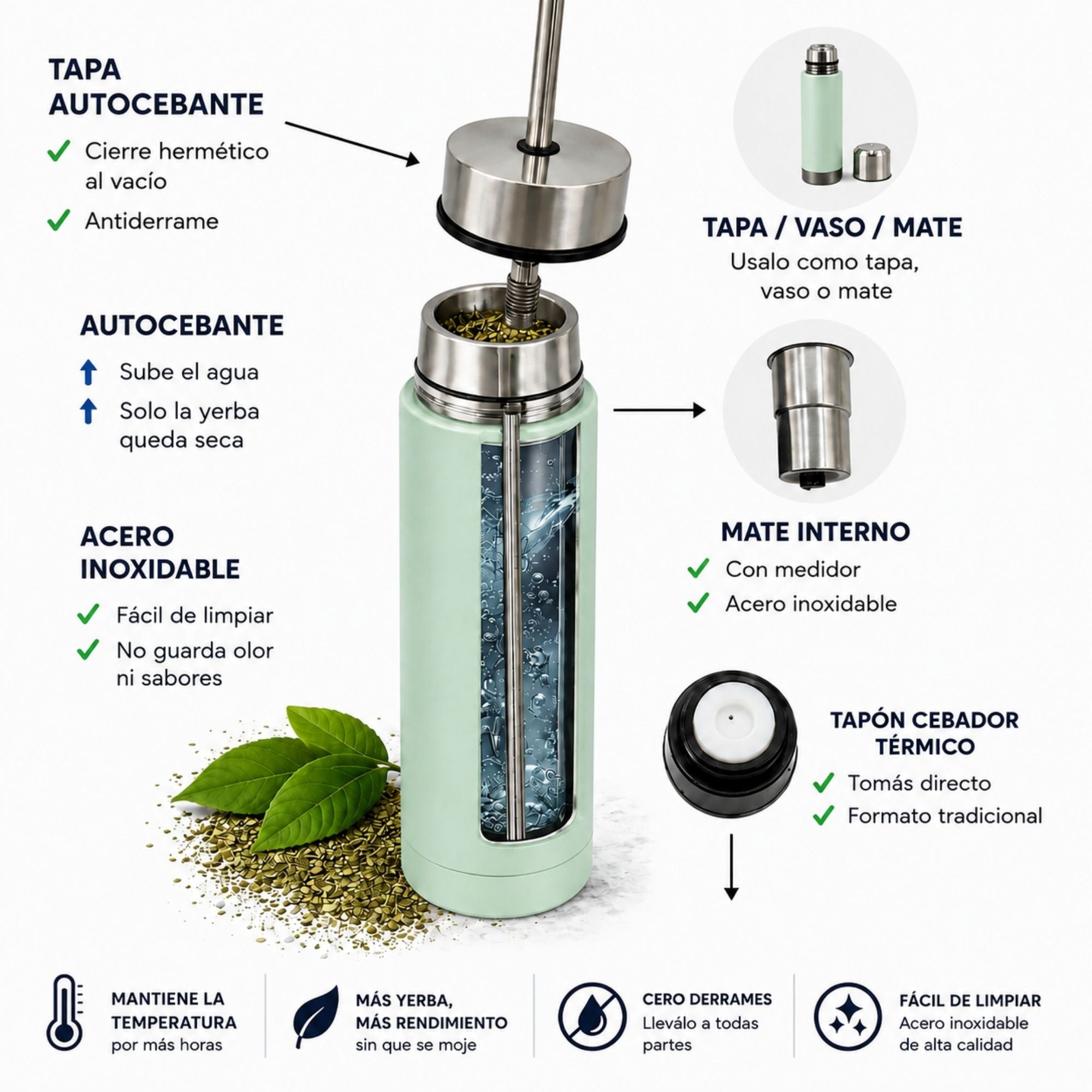 Termo mate autocebante 2 en 1 Tawo 750 ml de acero inoxidable Verde Claro