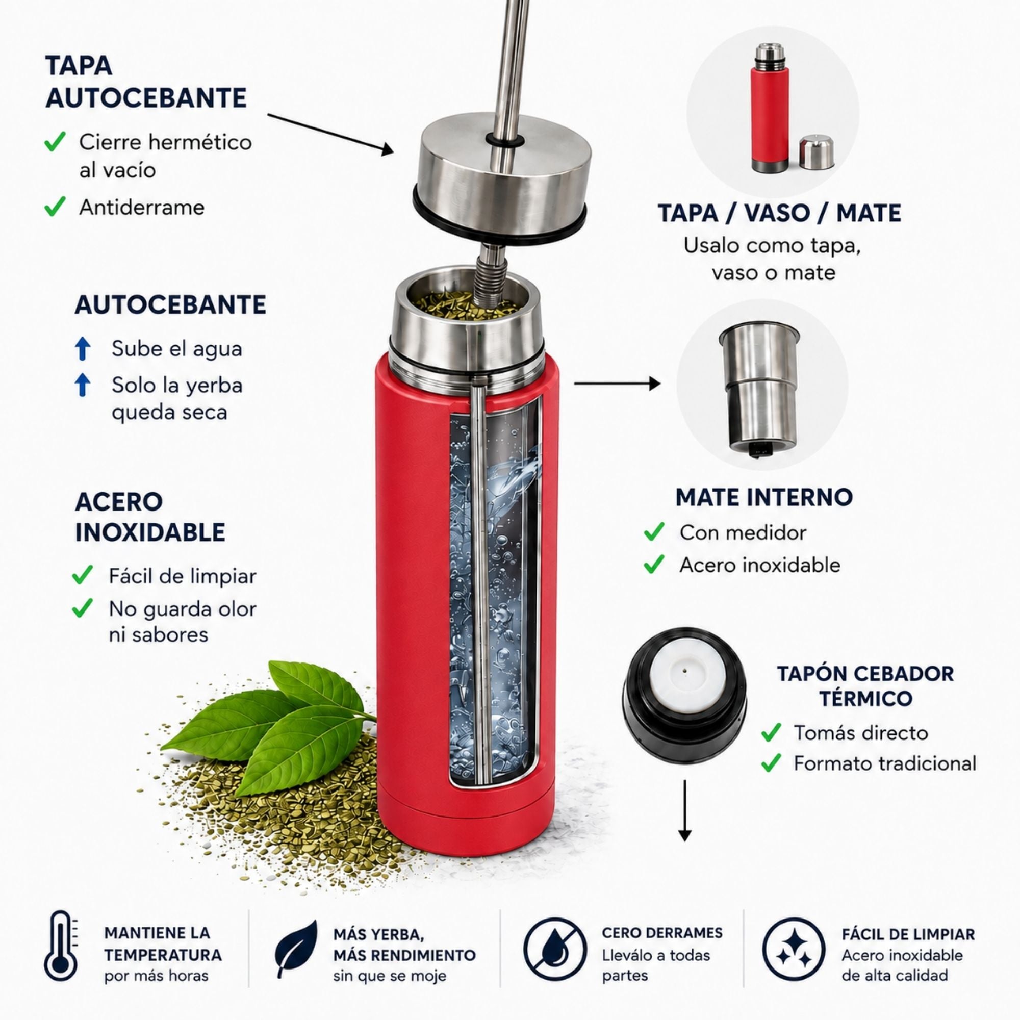Termo mate autocebante 2 en 1 Tawo 750 ml de acero inoxidable Rojo