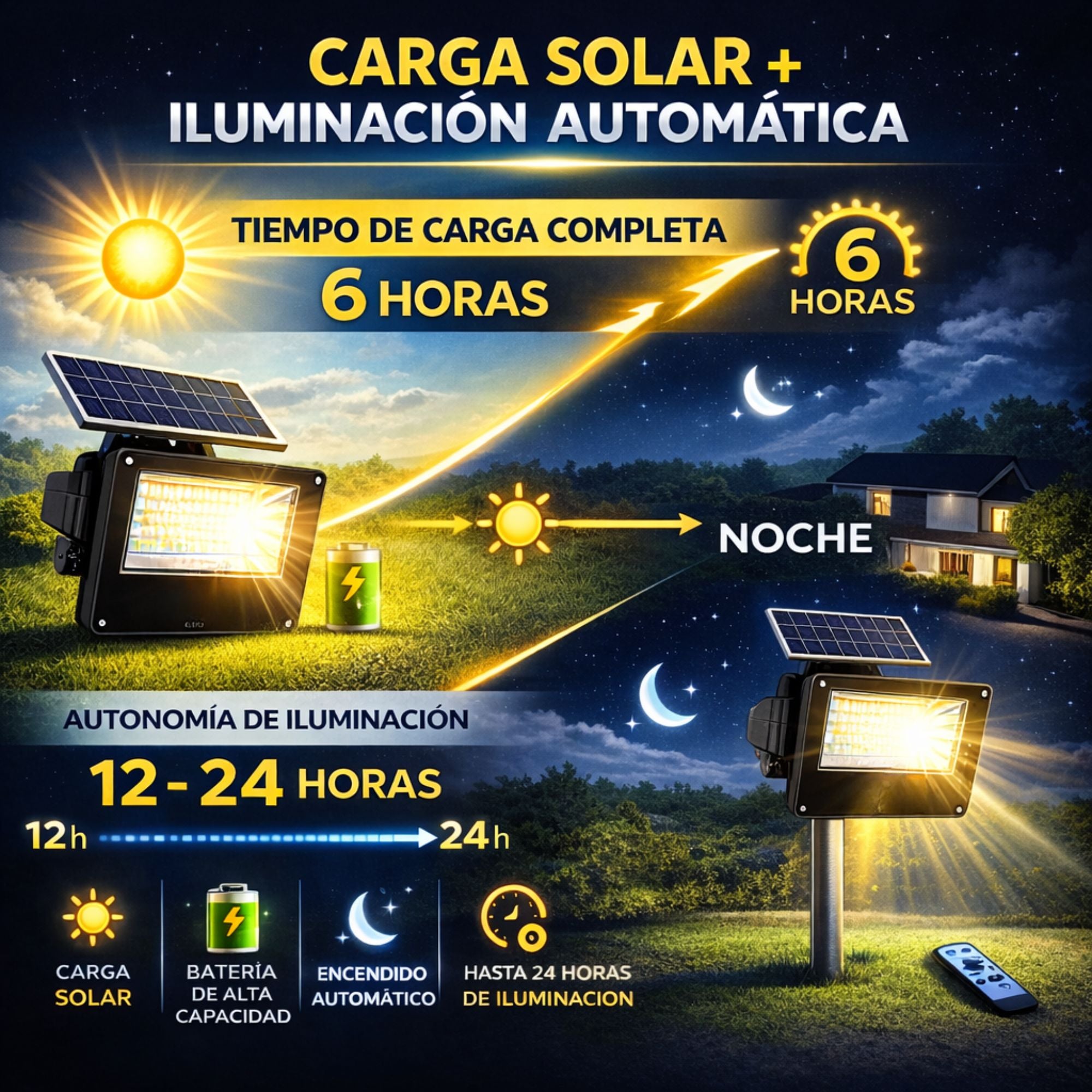 Reflector Solar LED JORTAN 2000W Exterior IP66 con Panel y Control Remoto