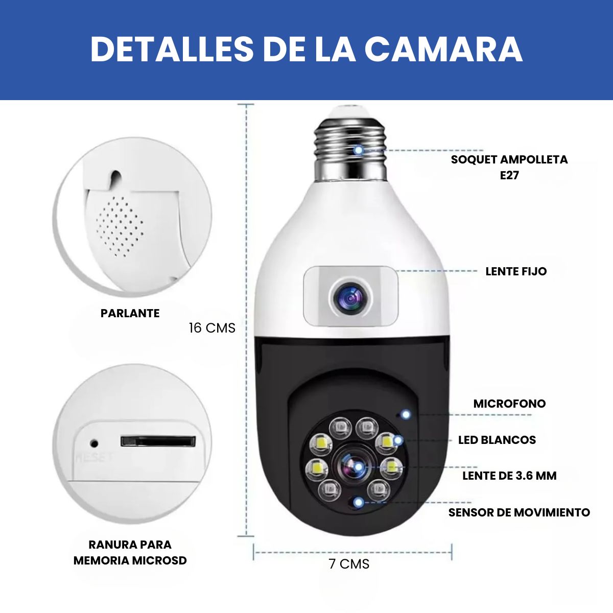 Cámara Ampolleta JORTAN JT-9696 Full HD con Doble Lente y Visión 360°