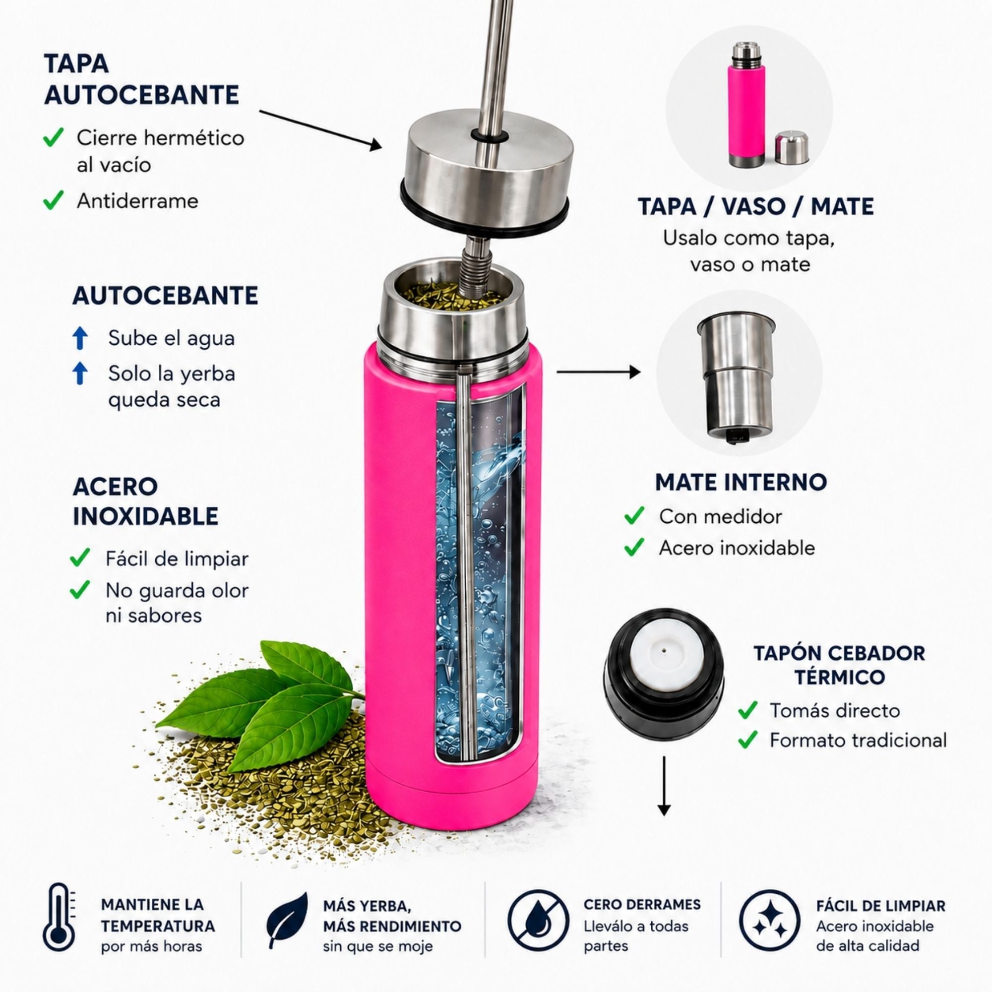 Termo mate autocebante 2 en 1 Tawo 750 ml de acero inoxidable Fucsia