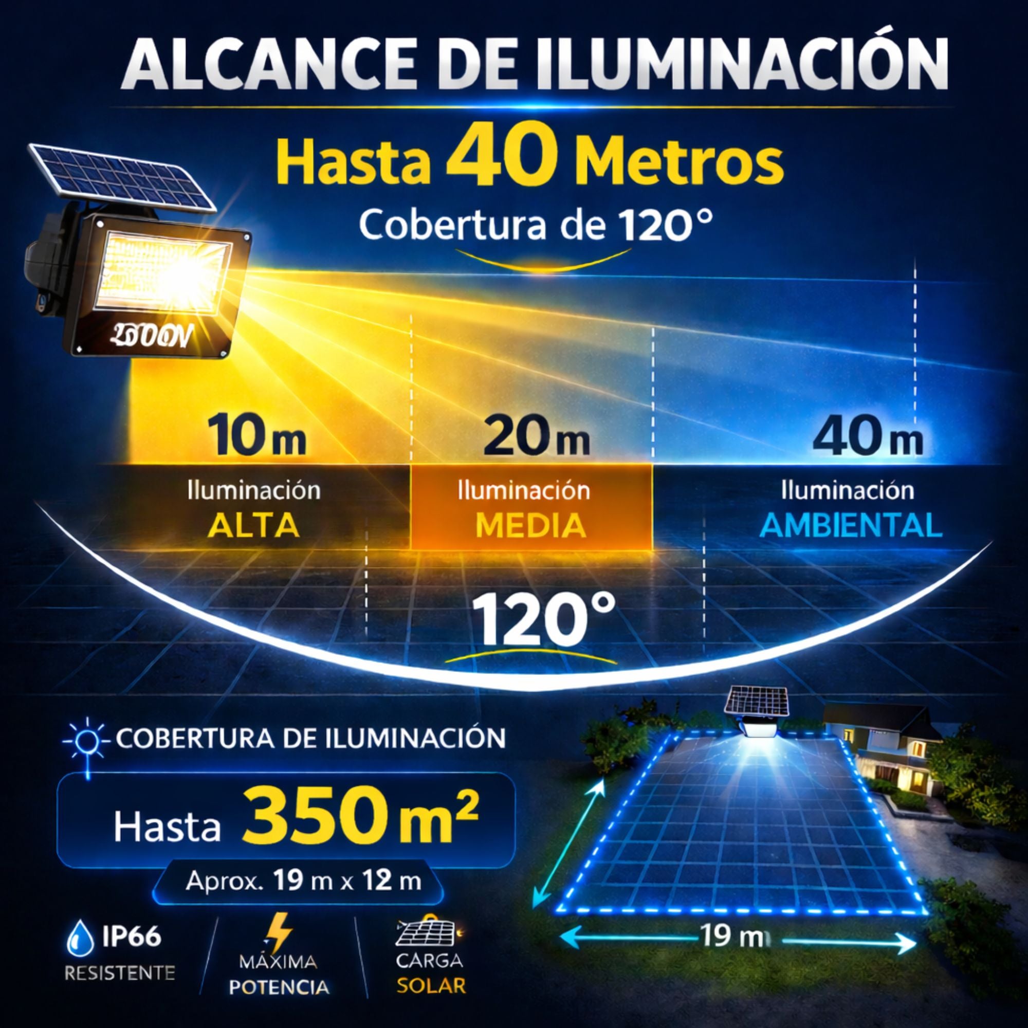 Reflector Solar LED JORTAN 2000W Exterior IP66 con Panel y Control Remoto