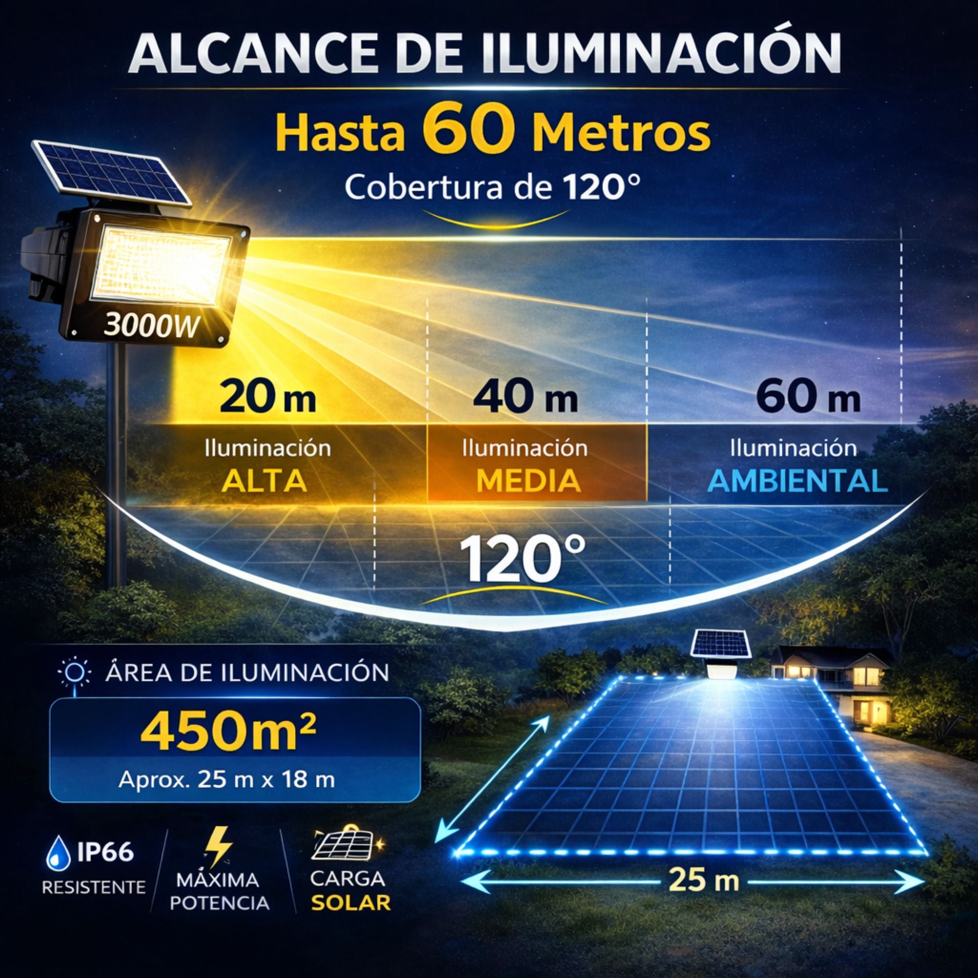 Reflector Solar LED JORTAN 3000W Exterior IP66 con Panel y Control Remoto