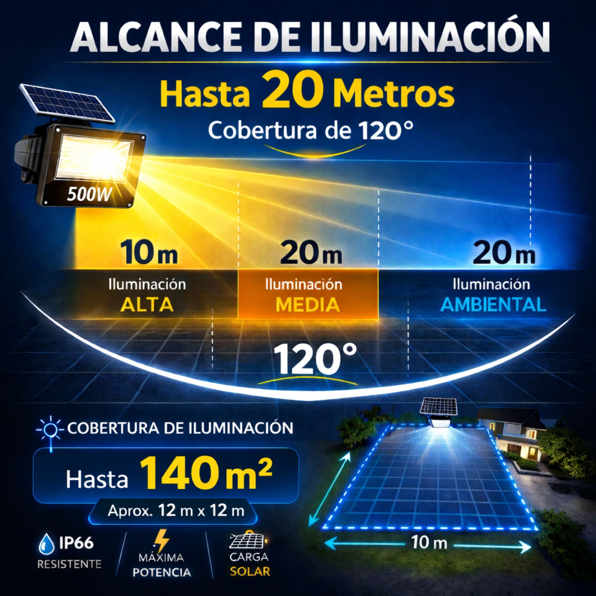 Foco Solar LED JORTAN 500W Exterior IP66 con Panel y Control Remoto